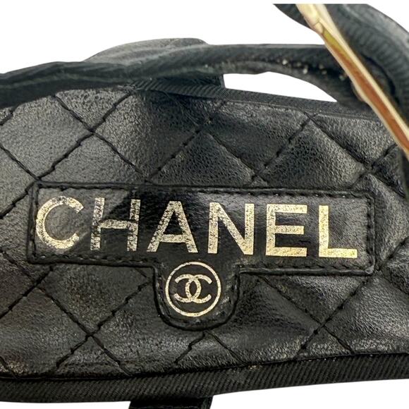 Chanel CC Logo Gold Chain Thong Sandals Black Quilted Leather EU 38.5 US 7.5-8 - Picture 5 of 11